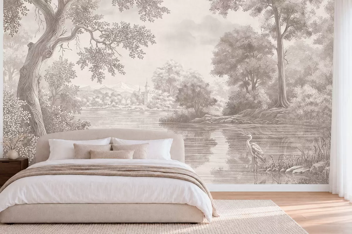wall murals Монохромни шумски пејзаж са језером и чапљом w05805