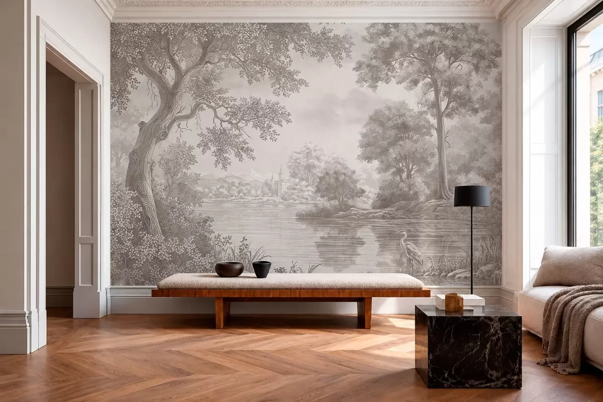 wall murals Монохромни шумски пејзаж са језером и чапљом w05805