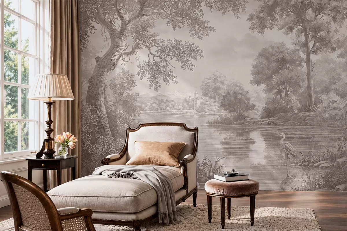 wall murals Монохромни шумски пејзаж са језером и чапљом w05805