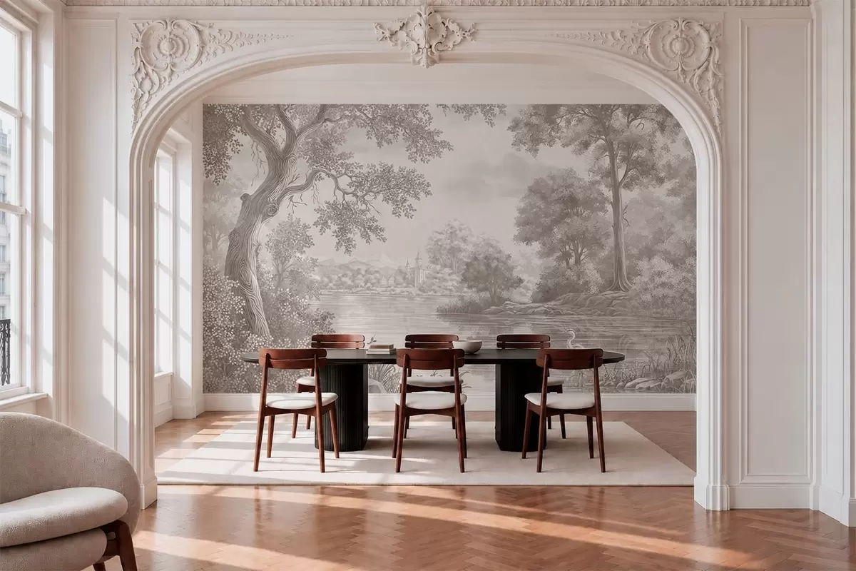 wall murals Монохромни шумски пејзаж са језером и чапљом w05805