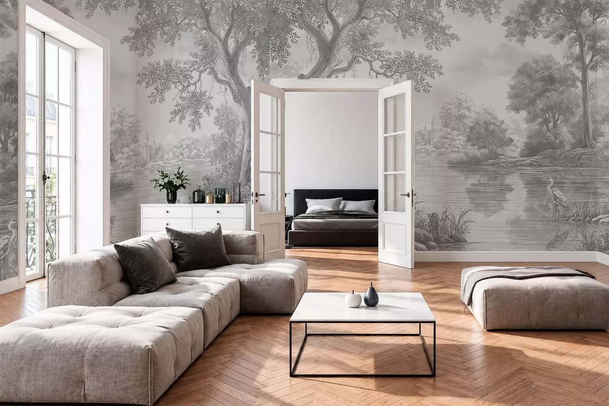wall murals Сиви шумски пејзаж са чапљом поред језера w05805v1