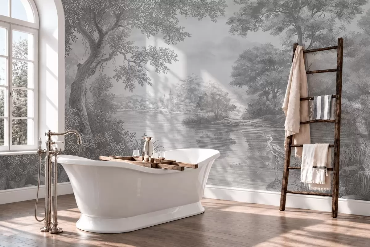 wall murals Сиви шумски пејзаж са чапљом поред језера w05805v1
