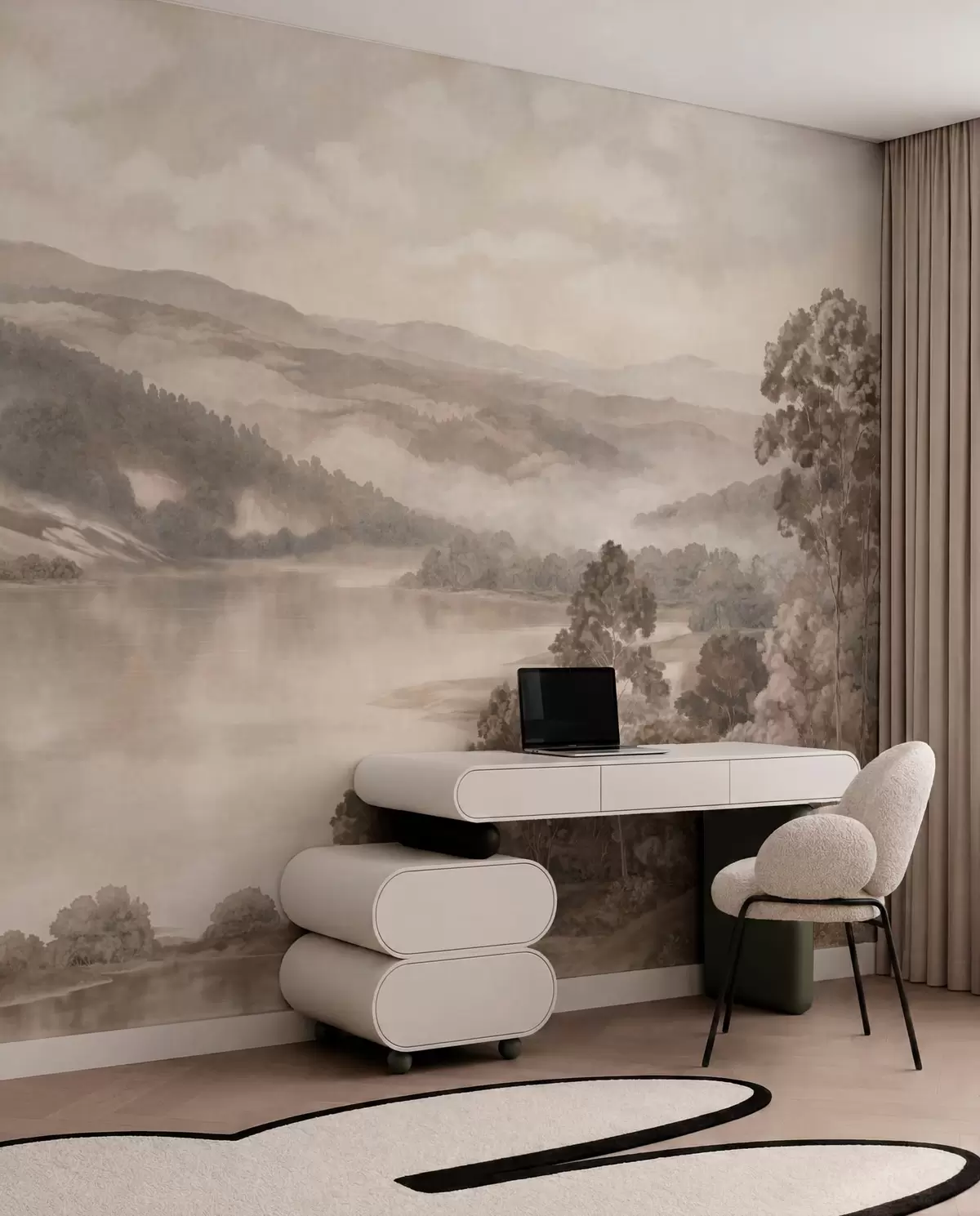 wall murals Мирно језеро међу магловитим брдима и шумама w05928