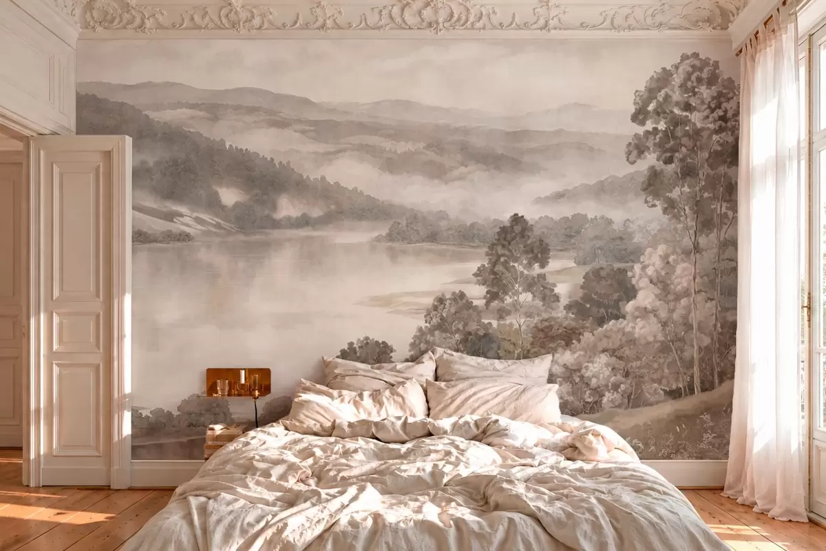 wall murals Мирно језеро међу магловитим брдима и шумама w05928