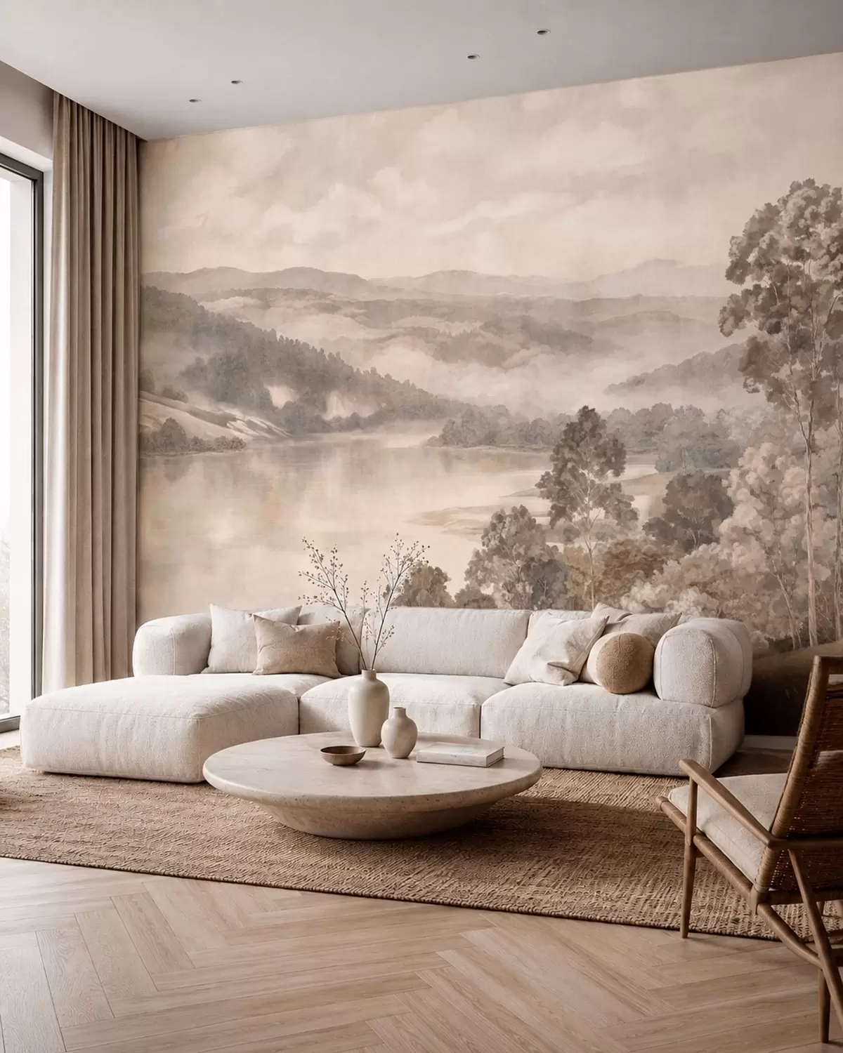 wall murals Мирно језеро међу магловитим брдима и шумама w05928