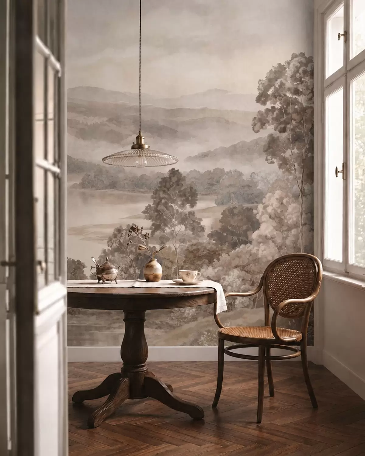 wall murals Мирно језеро међу магловитим брдима и шумама w05928