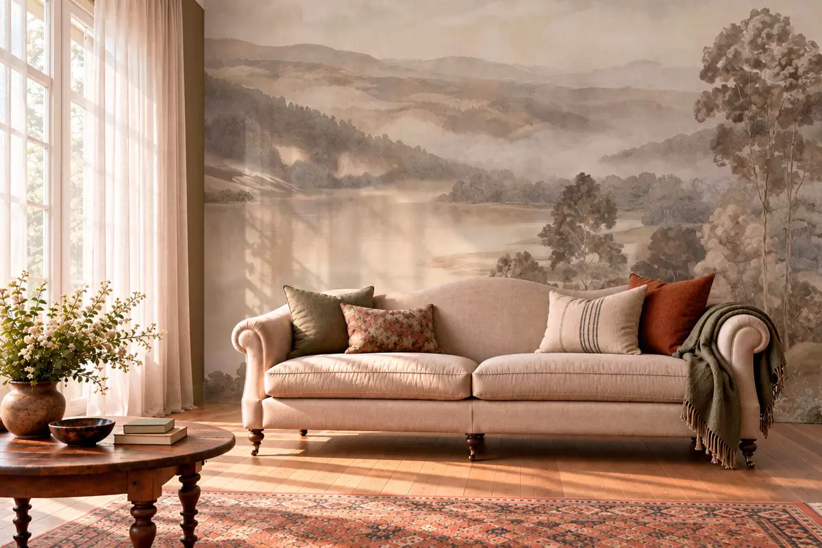 wall murals Језеро међу шумовитим планинама у топлим пастелним тоновима w05928v1