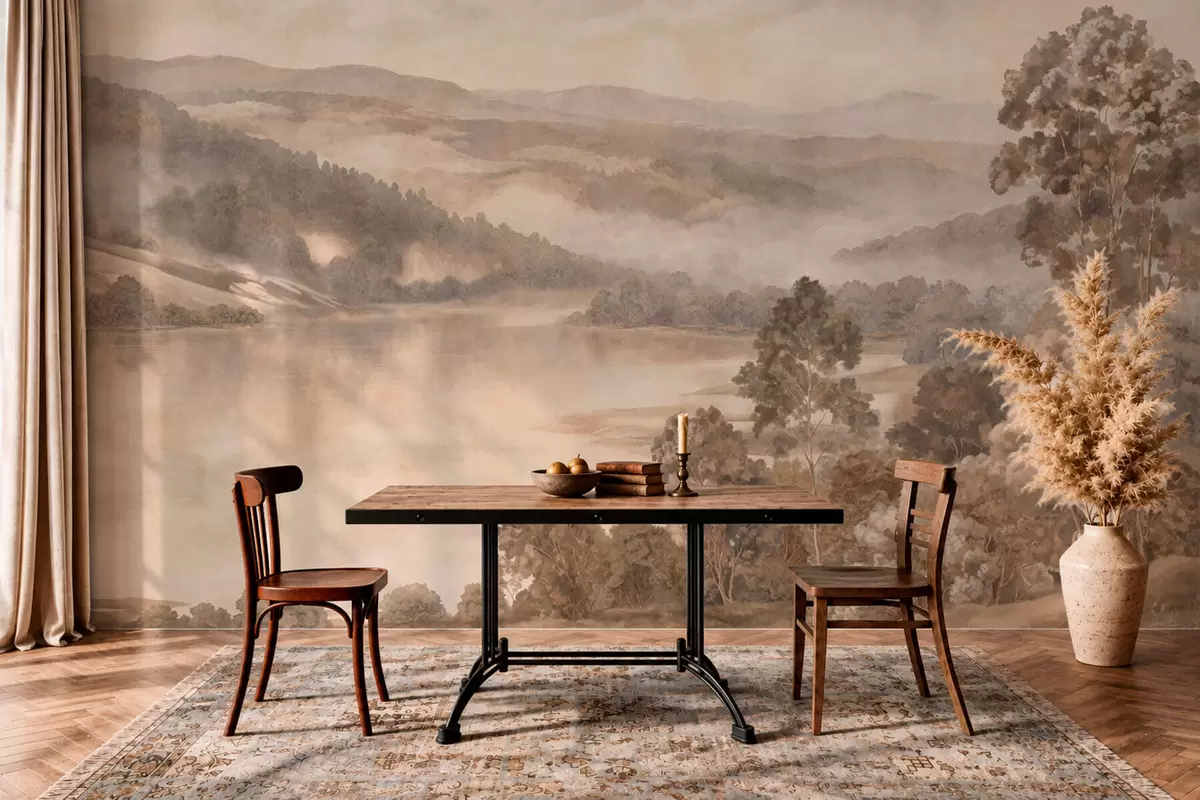 wall murals Језеро међу шумовитим планинама у топлим пастелним тоновима w05928v1