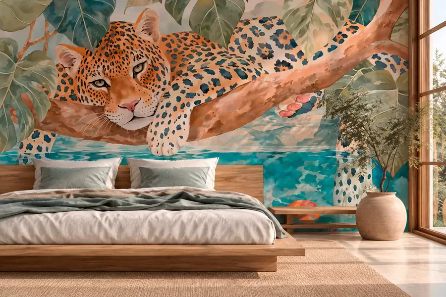 wall murals Leopard iznad plave vode w05954