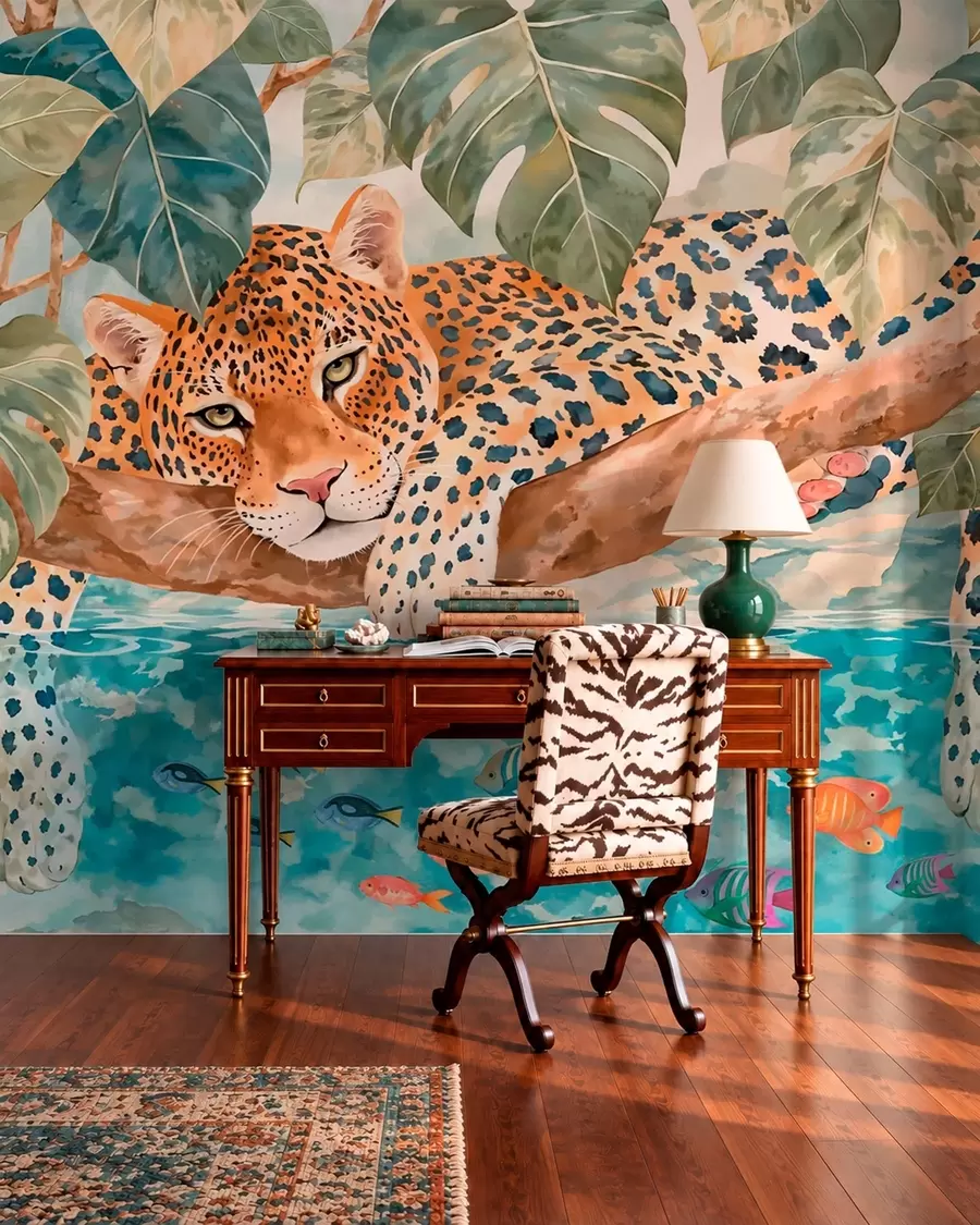 wall murals Leopard iznad plave vode w05954