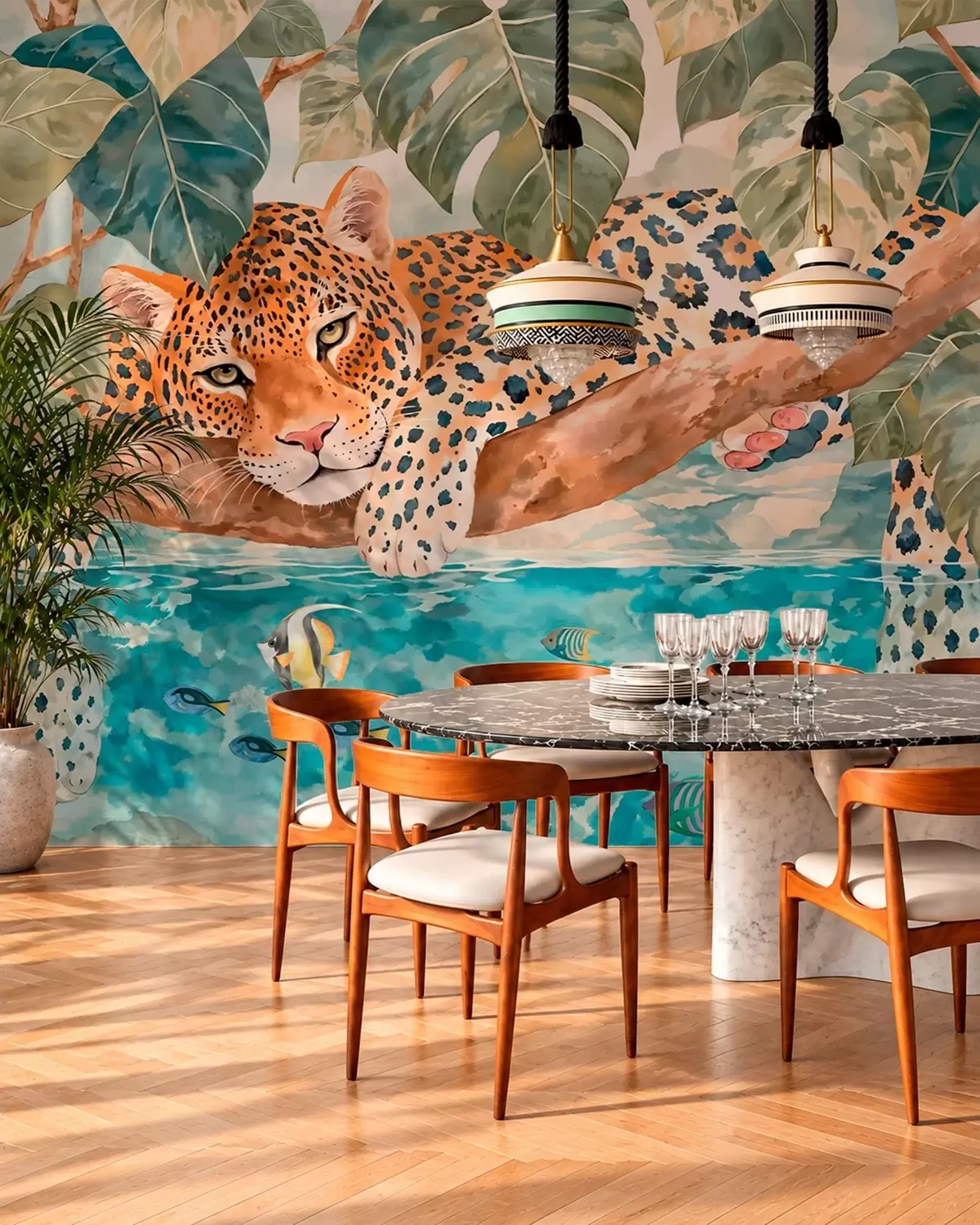 wall murals Леопард на грани изнад воде са шареним рибама w05954