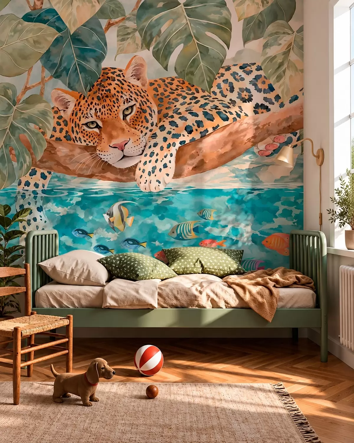 wall murals Леопард на грани изнад воде са шареним рибама w05954
