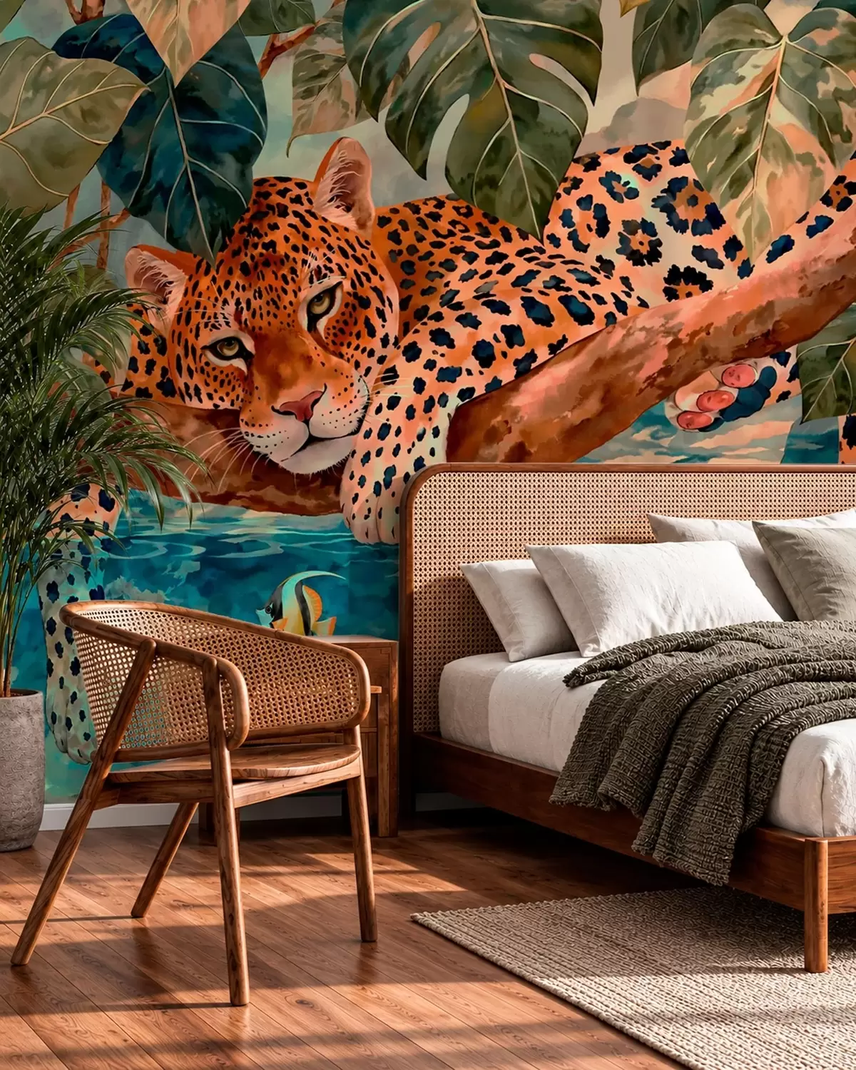 wall murals Леопард међу тропским лишћем изнад воде са рибом w05954v1