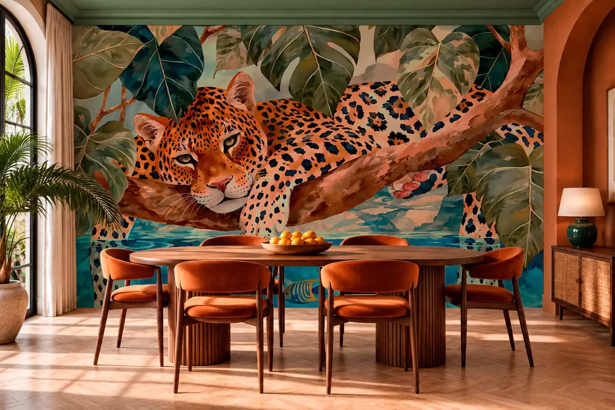 wall murals Леопард међу тропским лишћем изнад воде са рибом w05954v1