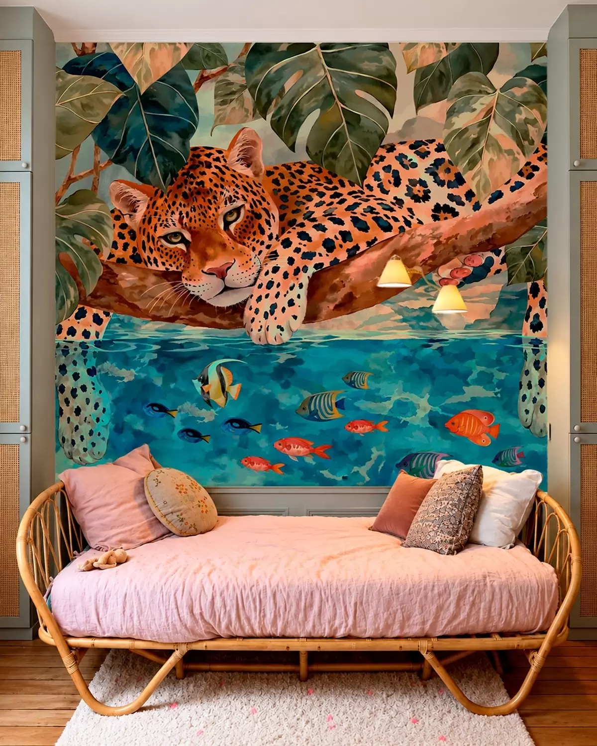 wall murals Леопард међу тропским лишћем изнад воде са рибом w05954v1