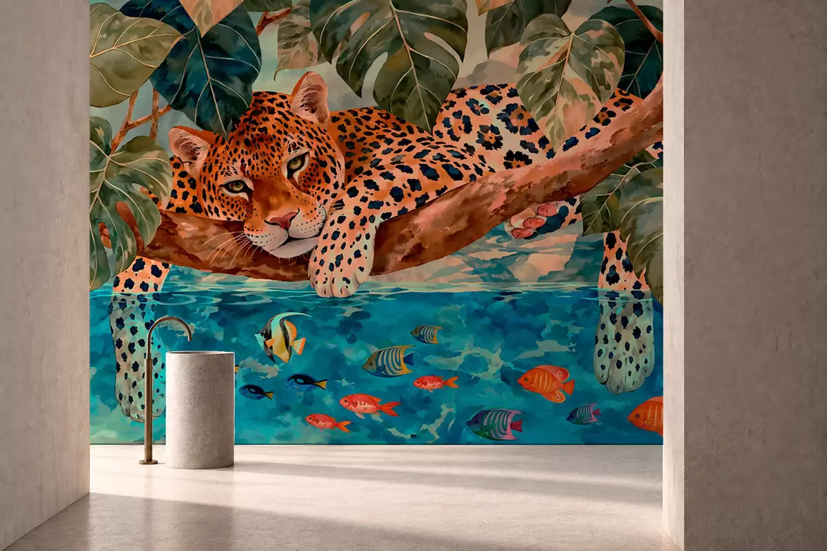 wall murals Леопард међу тропским лишћем изнад воде са рибом w05954v1