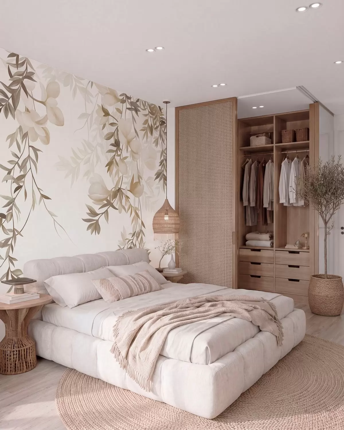 wall murals Висеће гране врбе и нежно цветајуће цвеће у пригушеним беж тоновима w10081