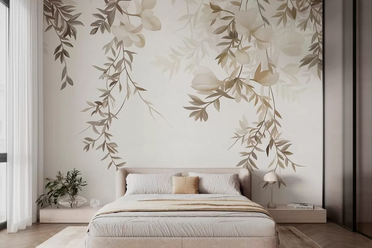 wall murals Висеће гране врбе и нежно цветајуће цвеће у пригушеним беж тоновима w10081