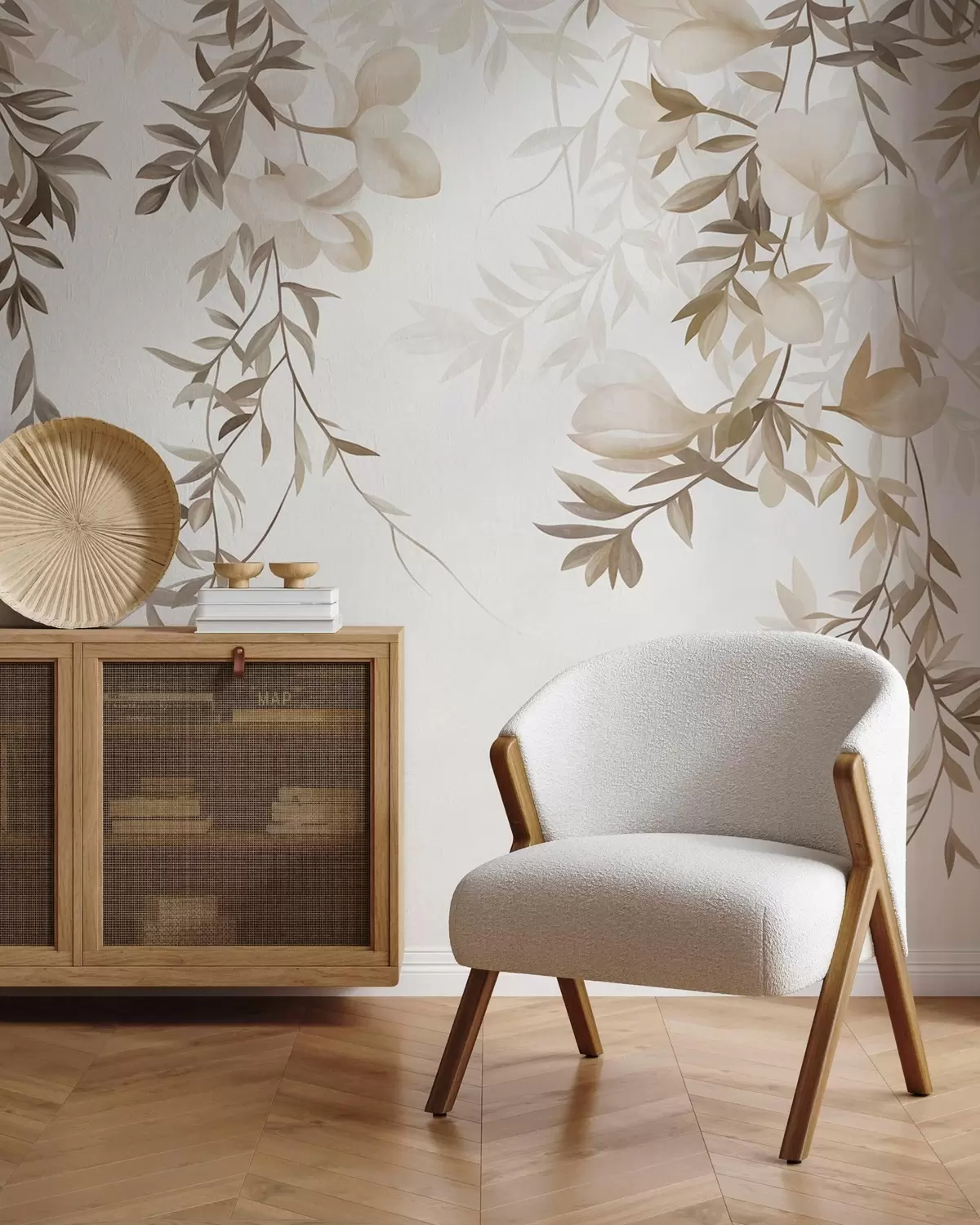 wall murals Висеће гране врбе и нежно цветајуће цвеће у пригушеним беж тоновима w10081