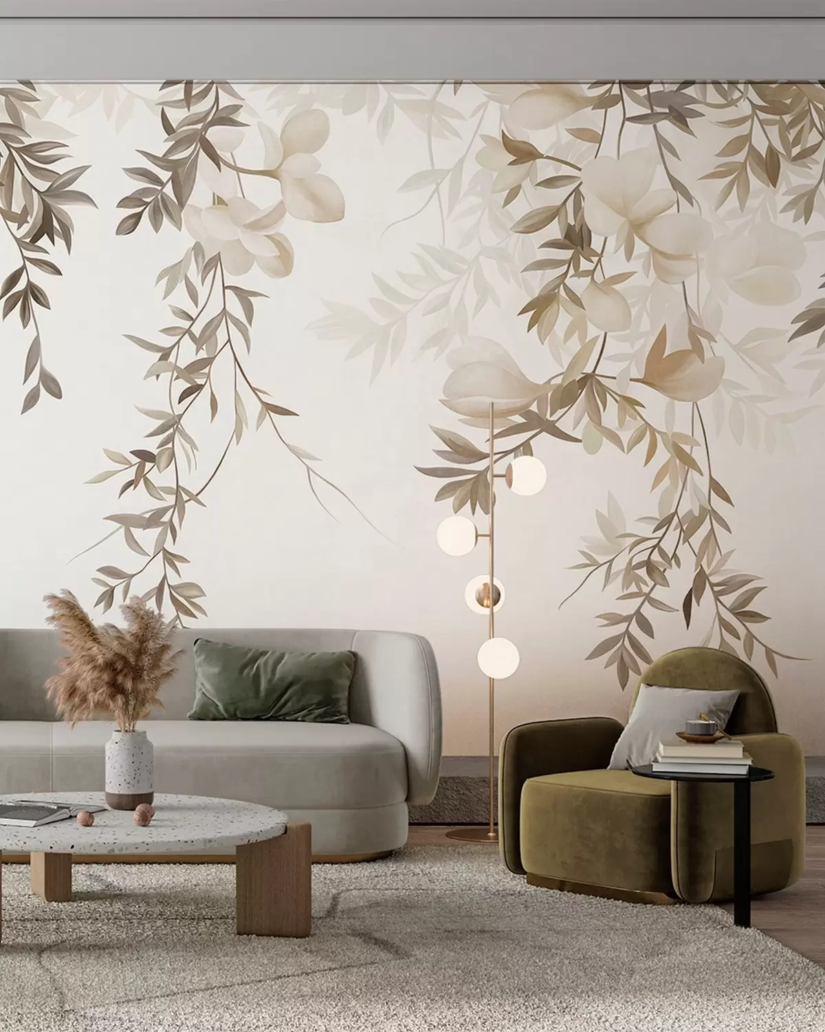 wall murals Висеће гране врбе и нежно цветајуће цвеће у пригушеним беж тоновима w10081