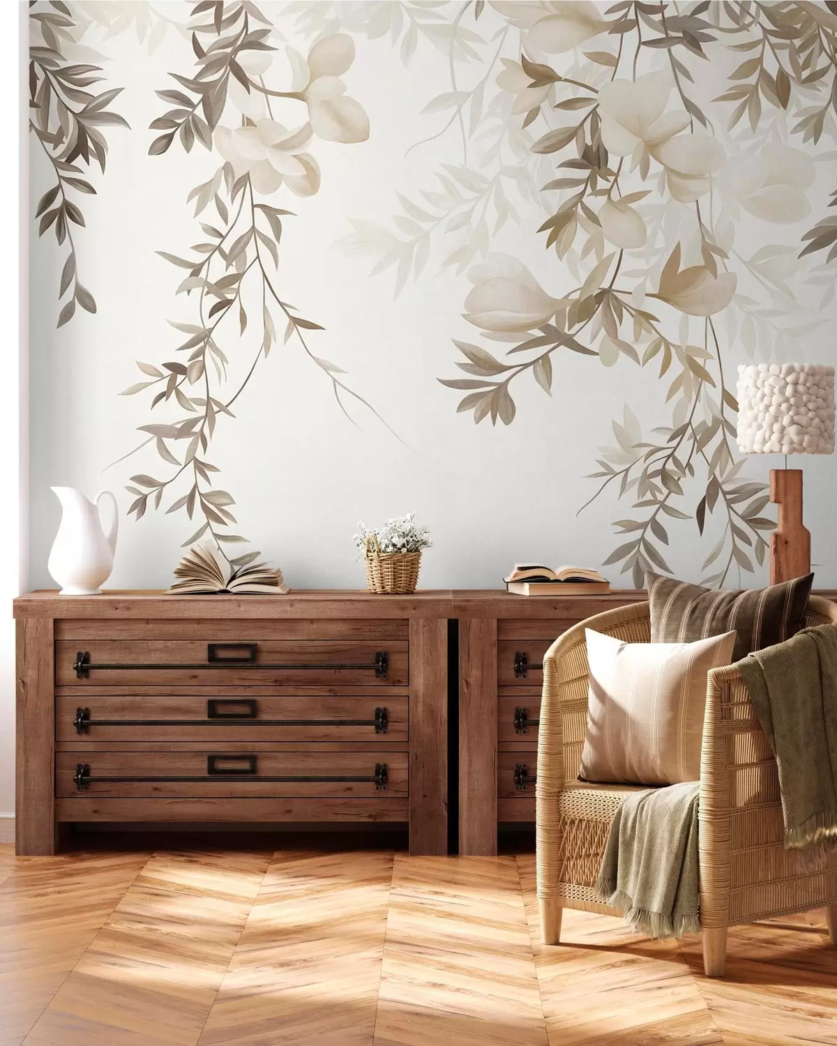 wall murals Висеће гране врбе и нежно цветајуће цвеће у пригушеним беж тоновима w10081