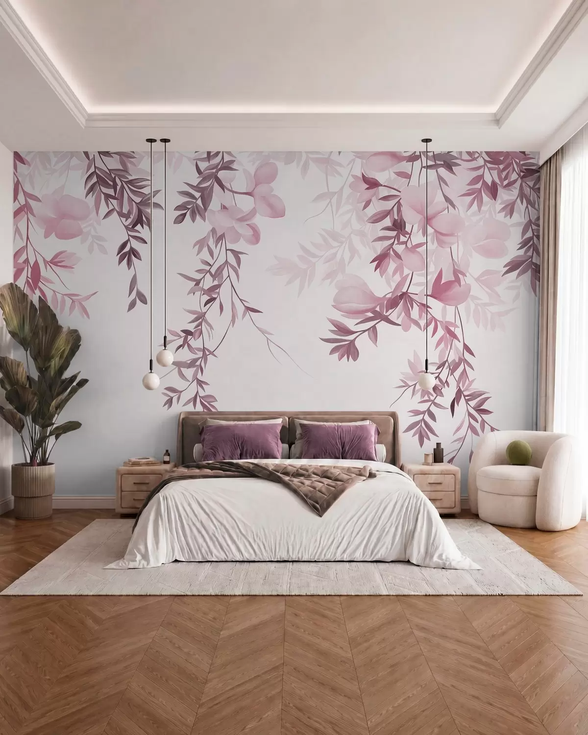 wall murals Висеће гране врбе и нежно цветајуће цвеће у пригушеним ружичастим тоновима w10081v1
