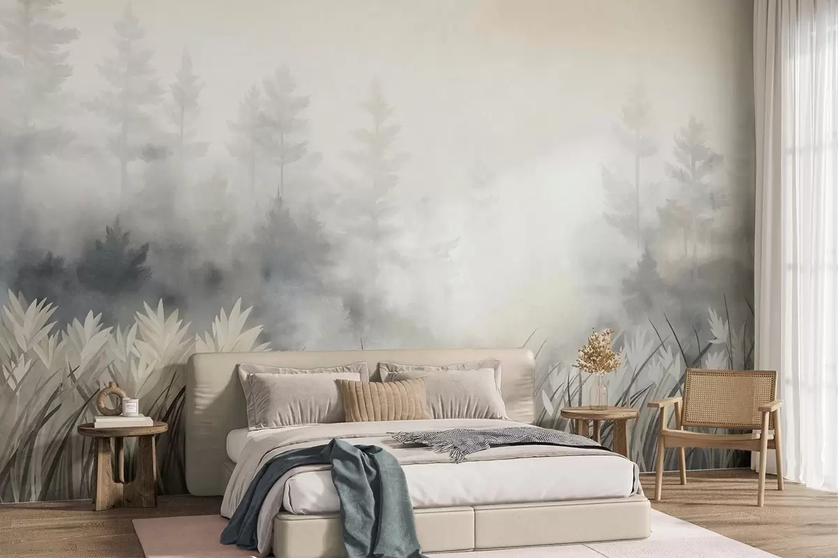 wall murals Пејзаж са високом дивљом травом и боровом шумом, минималистички текстурирани стил w10082