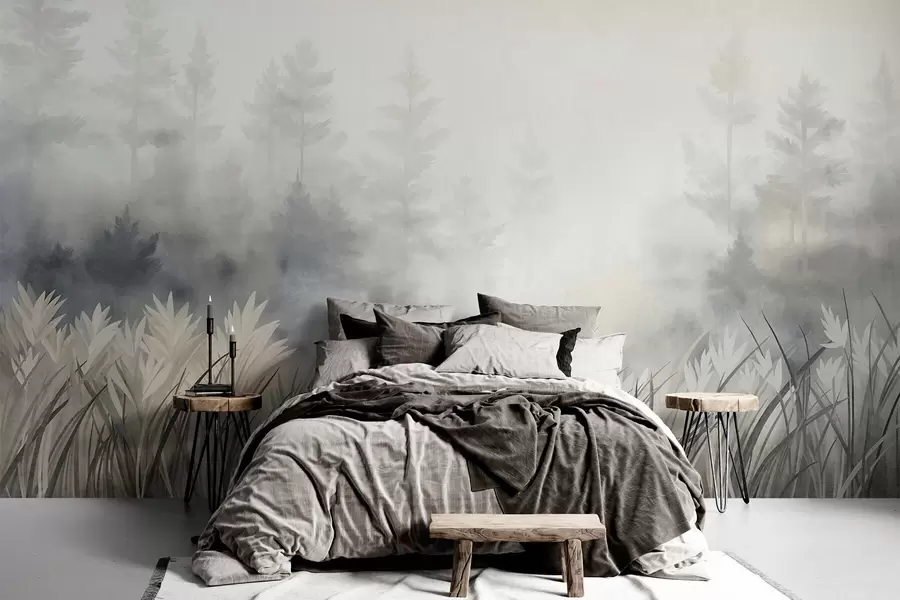 wall murals Пејзаж са високом дивљом травом и боровом шумом, минималистички текстурирани стил w10082
