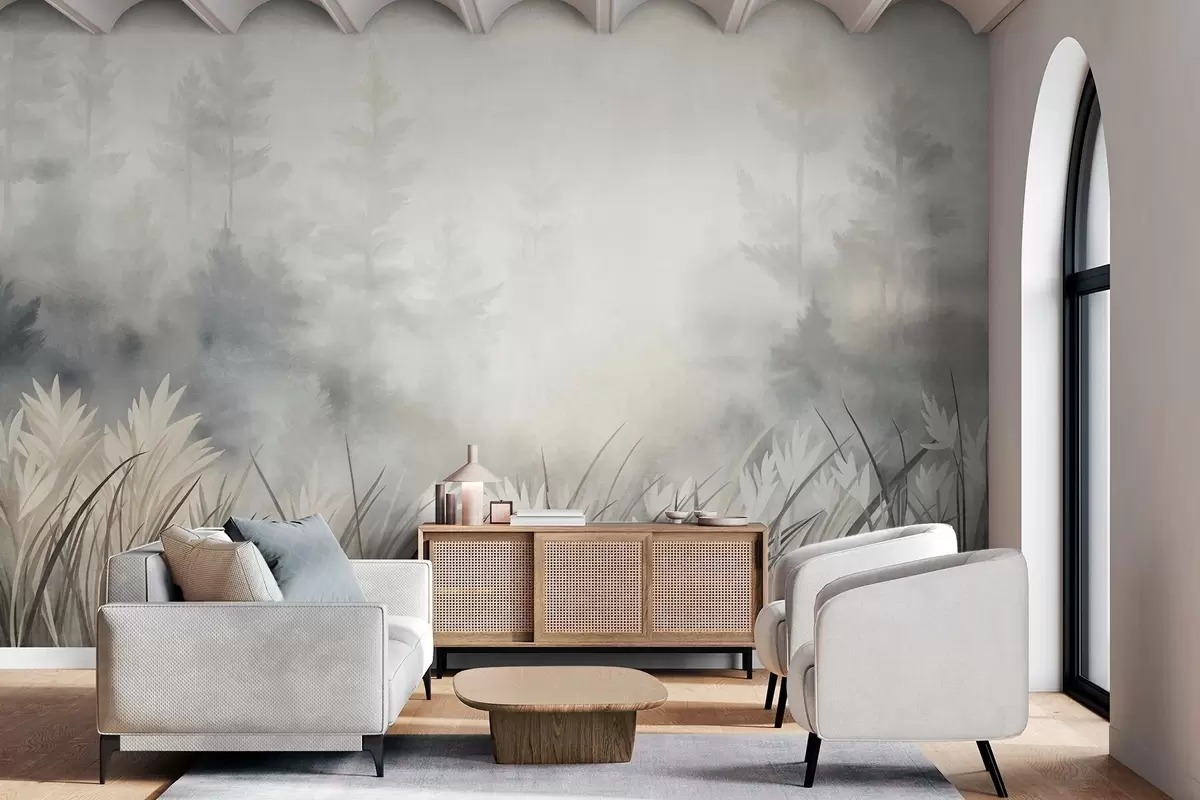 wall murals Пејзаж са високом дивљом травом и боровом шумом, минималистички текстурирани стил w10082