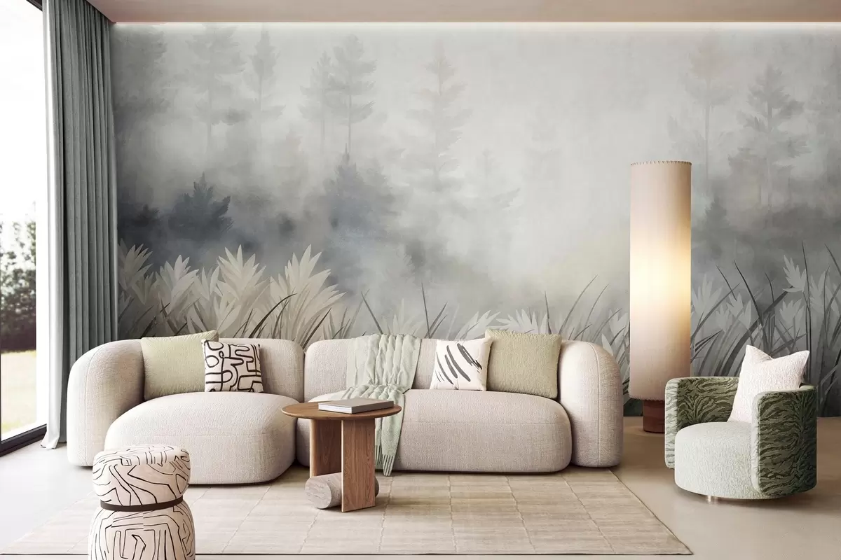 wall murals Пејзаж са високом дивљом травом и боровом шумом, минималистички текстурирани стил w10082