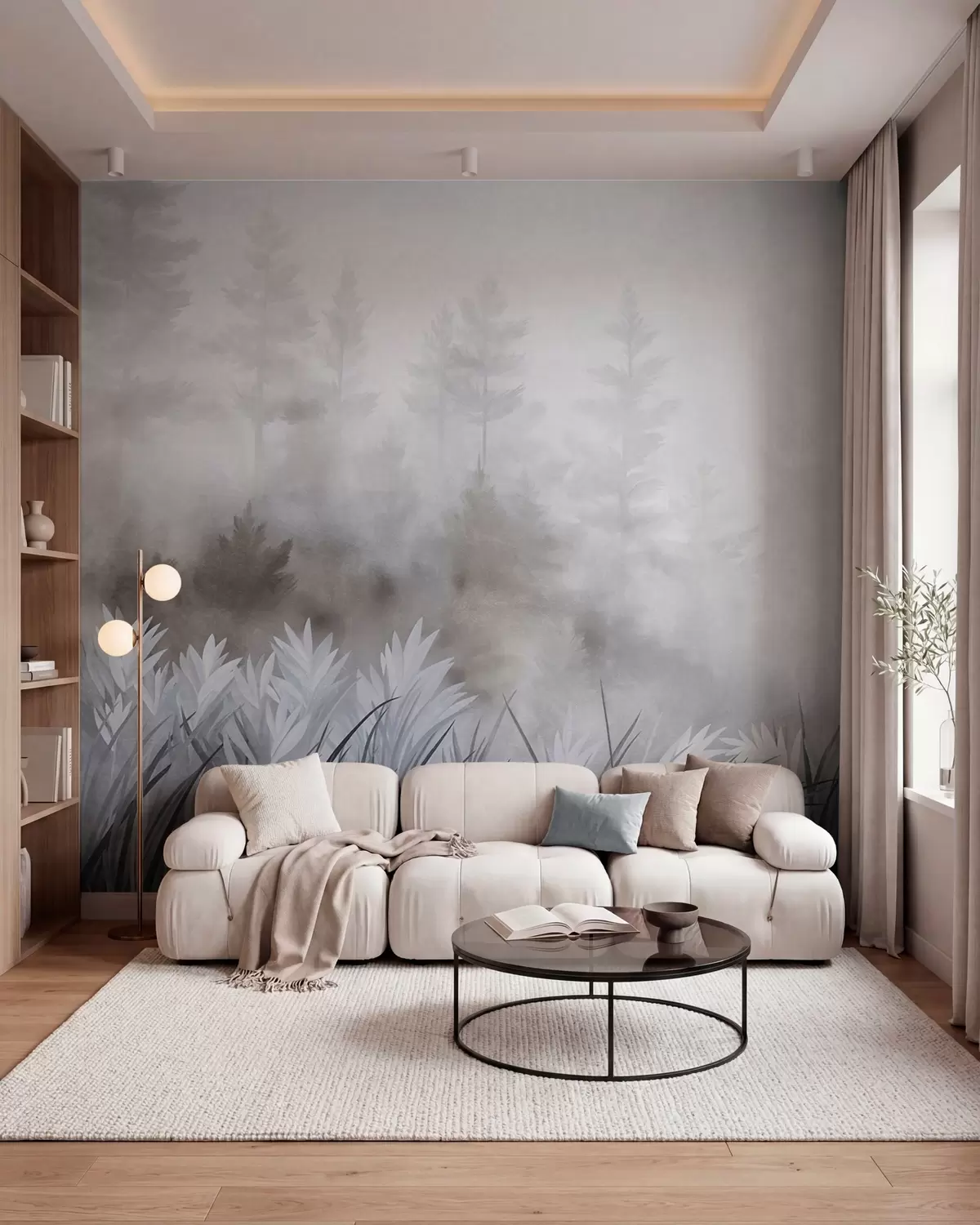 wall murals Пејзаж са високом дивљом травом и боровом шумом, минималистички текстурирани стил w10082v1