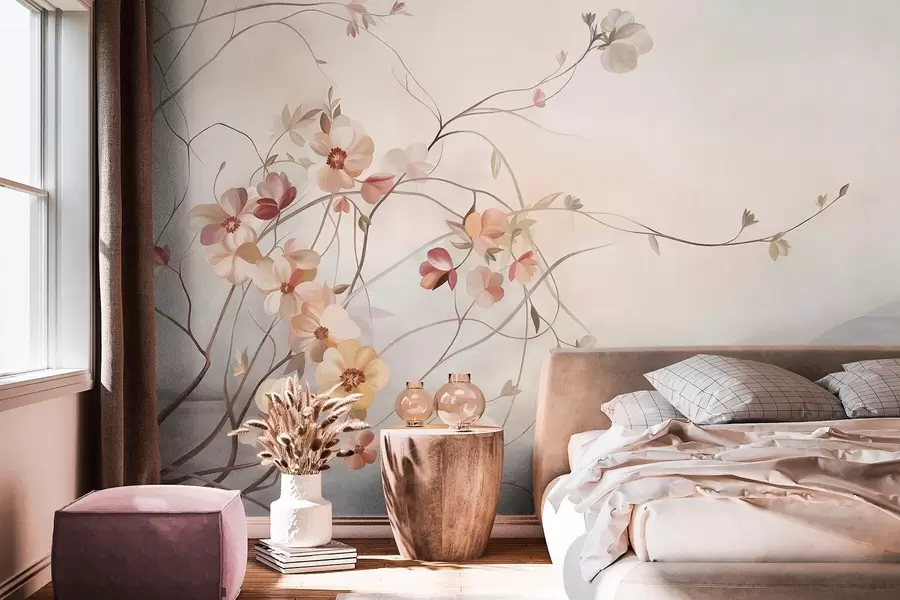 wall murals Вијугаве лозе са нежним цветовима боје брескве и крема w10083