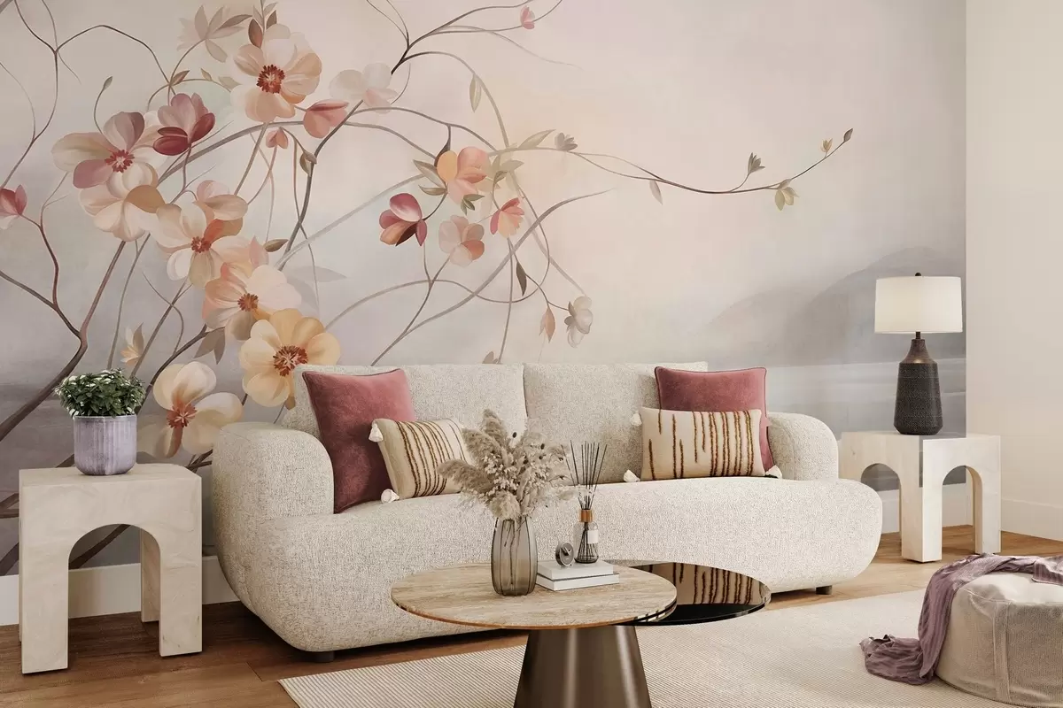 wall murals Вијугаве лозе са нежним цветовима боје брескве и крема w10083