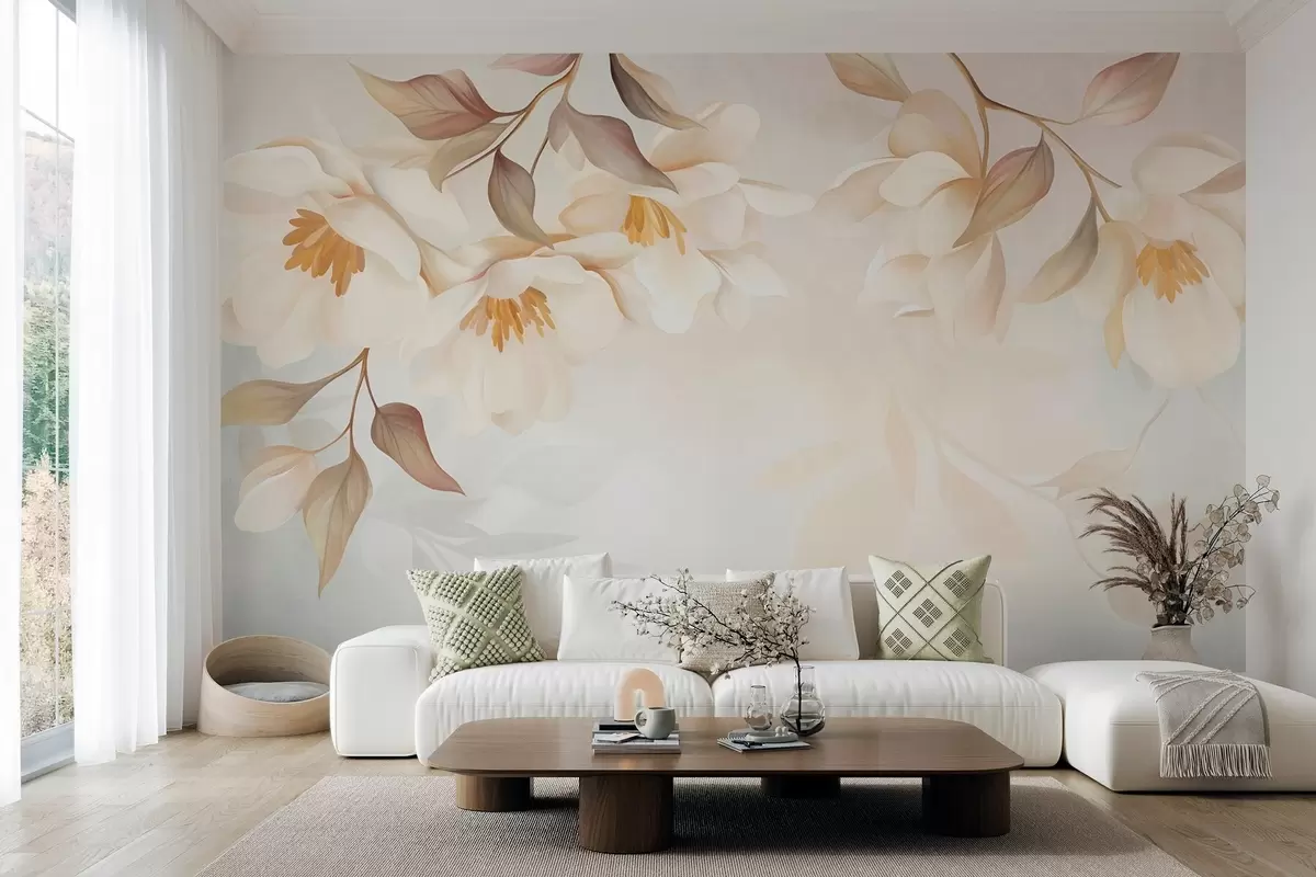 wall murals Цветови магнолије са нежним смеђим листовима који висе са грана w10086