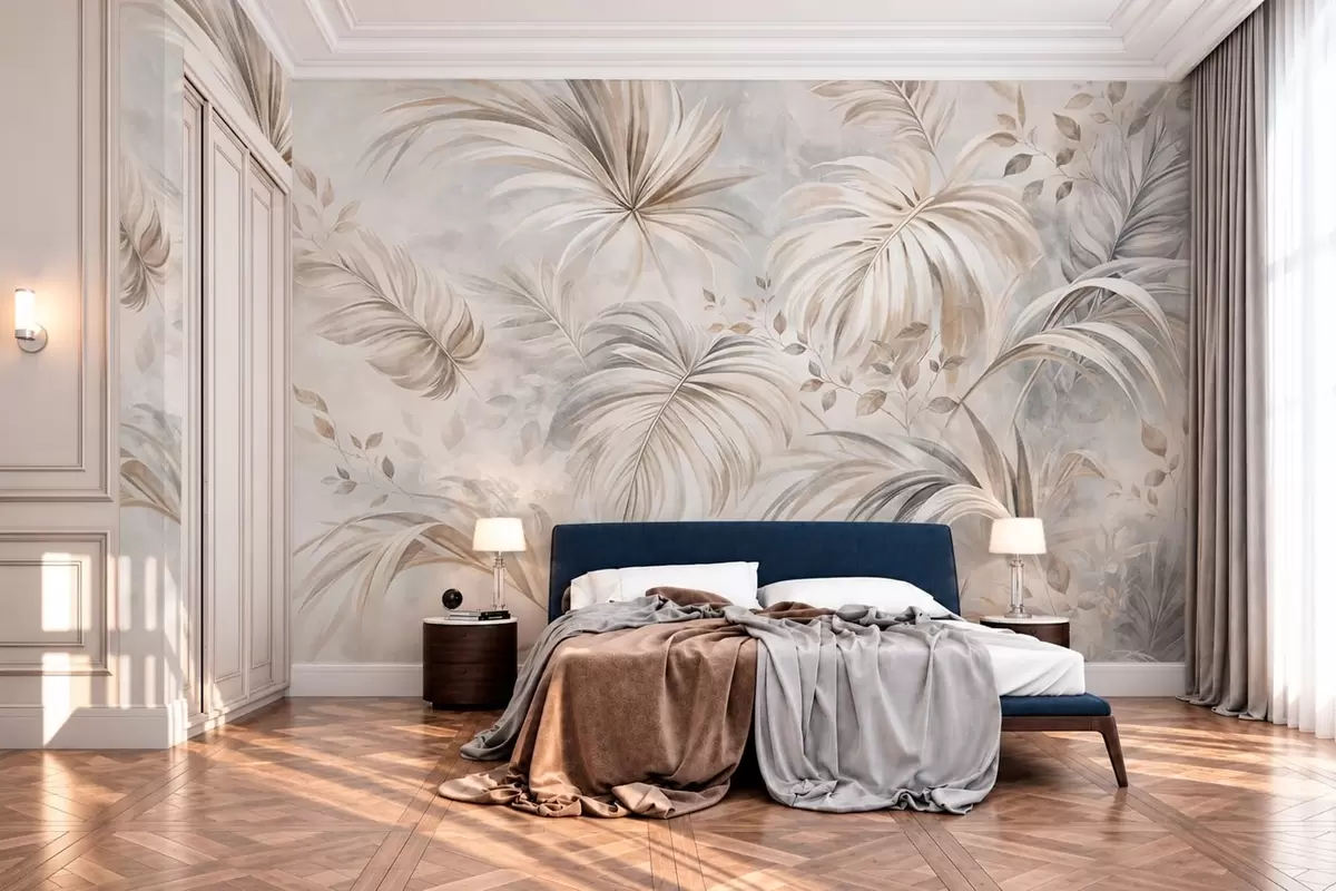 wall murals Тропско лишће у меким беж и сивим тоновима w05956
