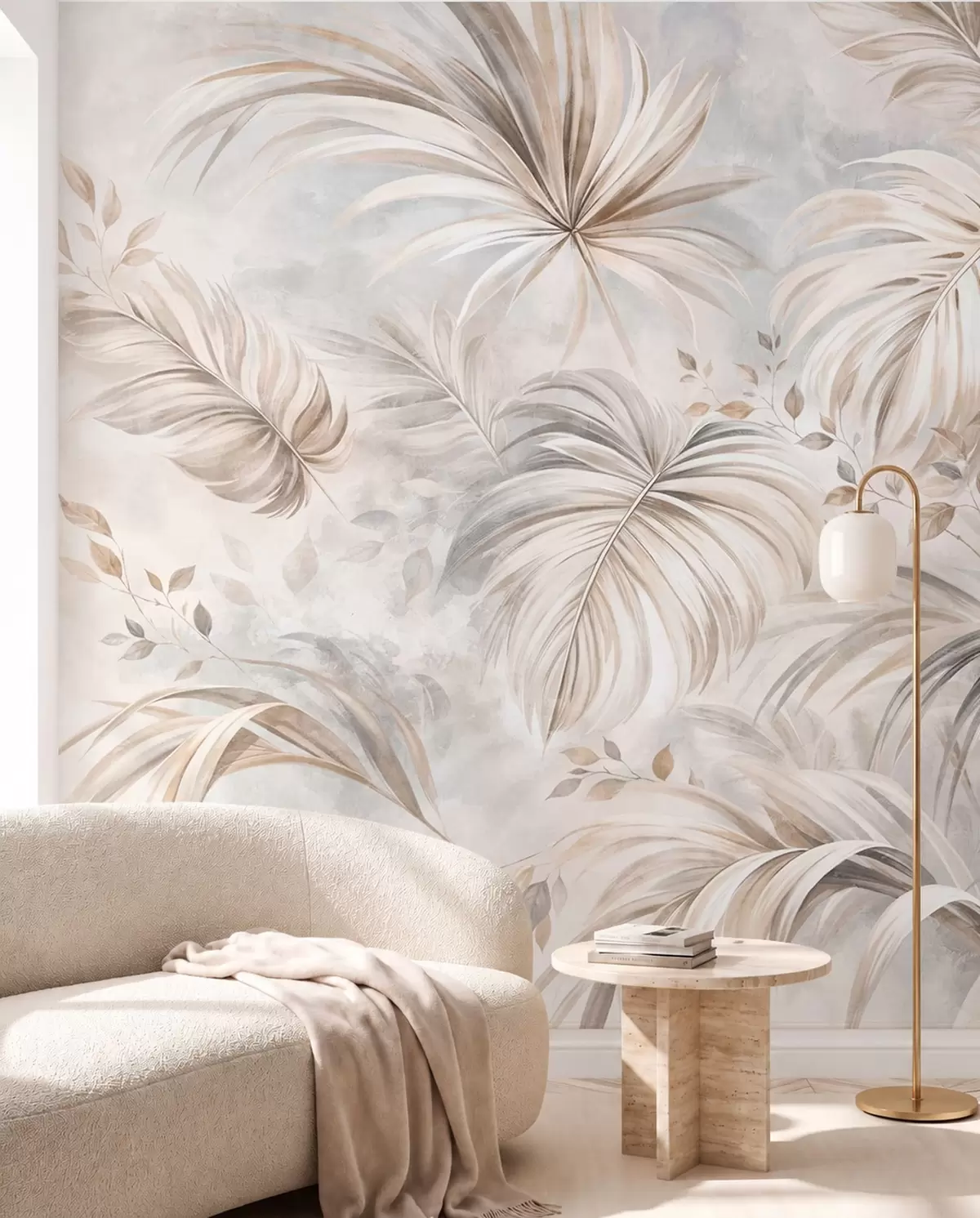 wall murals Тропско лишће у меким беж и сивим тоновима w05956