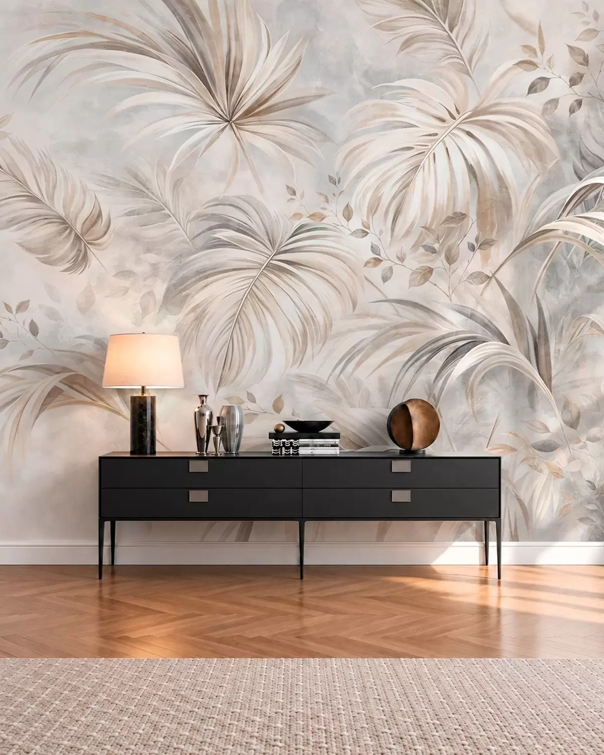 wall murals Тропско лишће у меким беж и сивим тоновима w05956