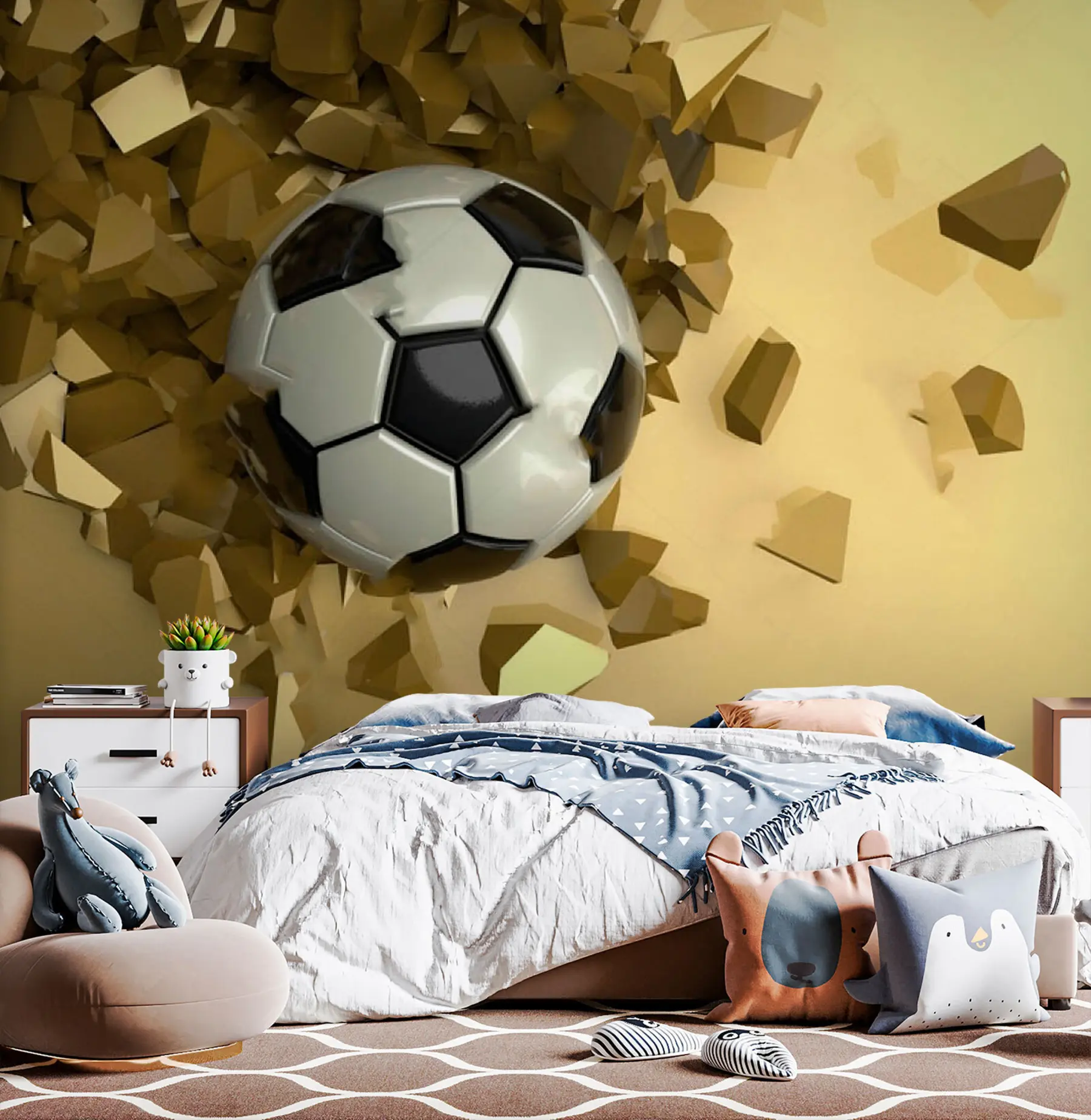 wall murals Фудбалска лопта пробија жути зид u72801