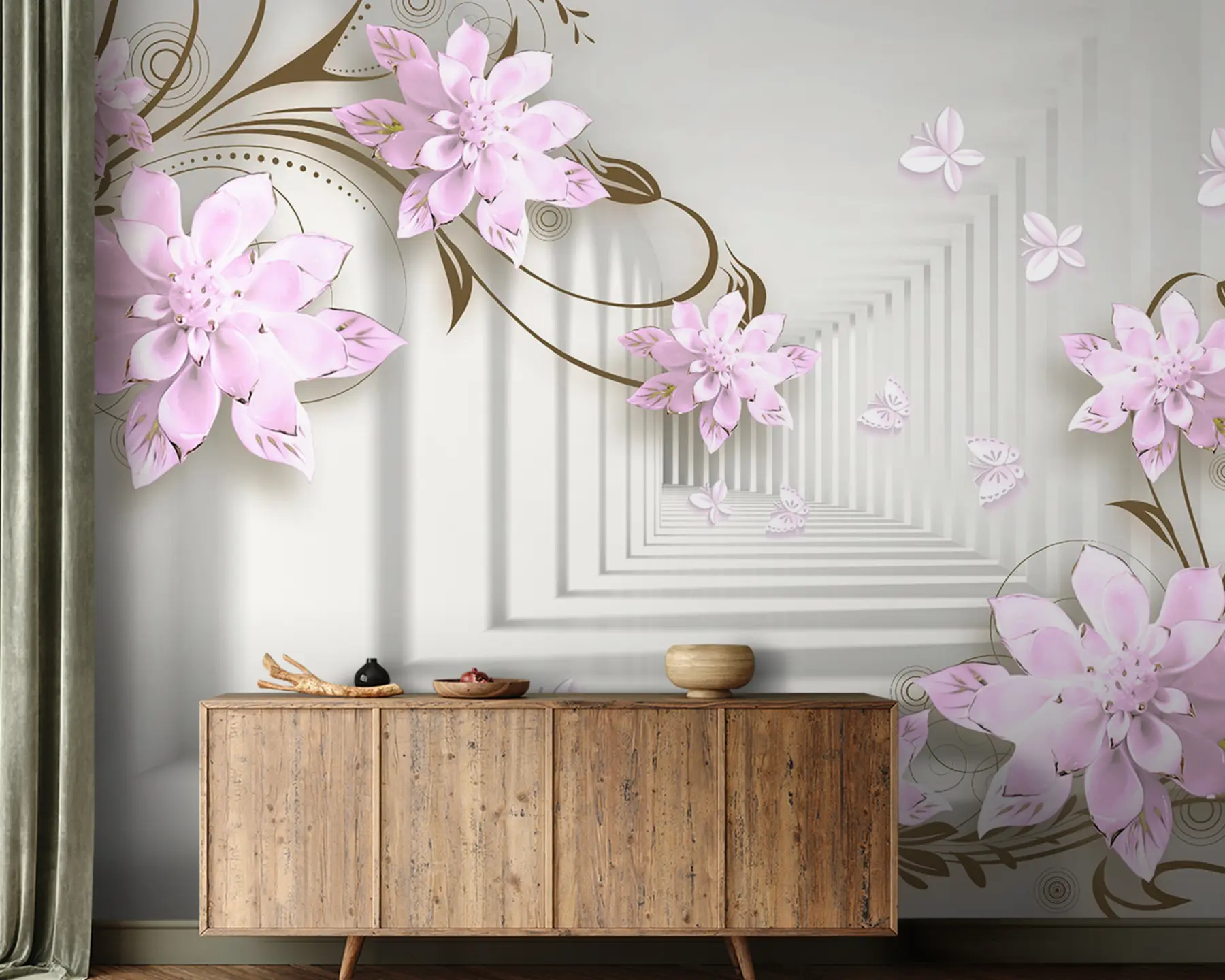 wall murals Pink flowers in 3d tunnel u21861v3