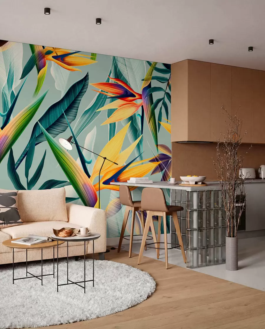 wall murals Тренди тропски биљци и лишће у светлу бојом u73960