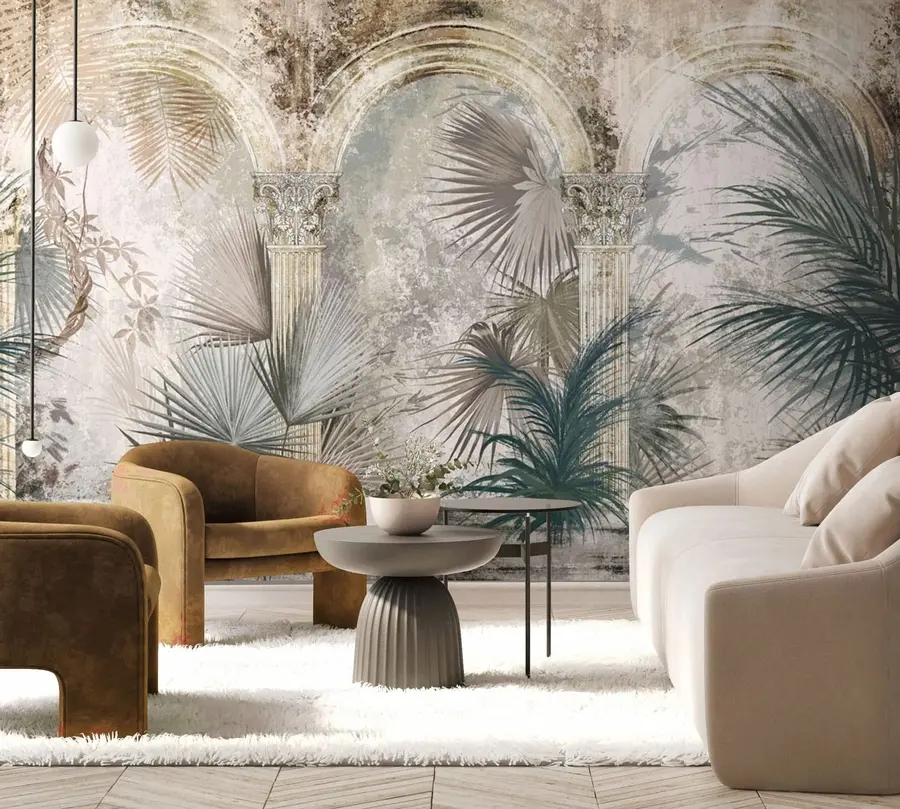 wall murals Међу колонама су тропске, егзотичне биљке и лишће u78667