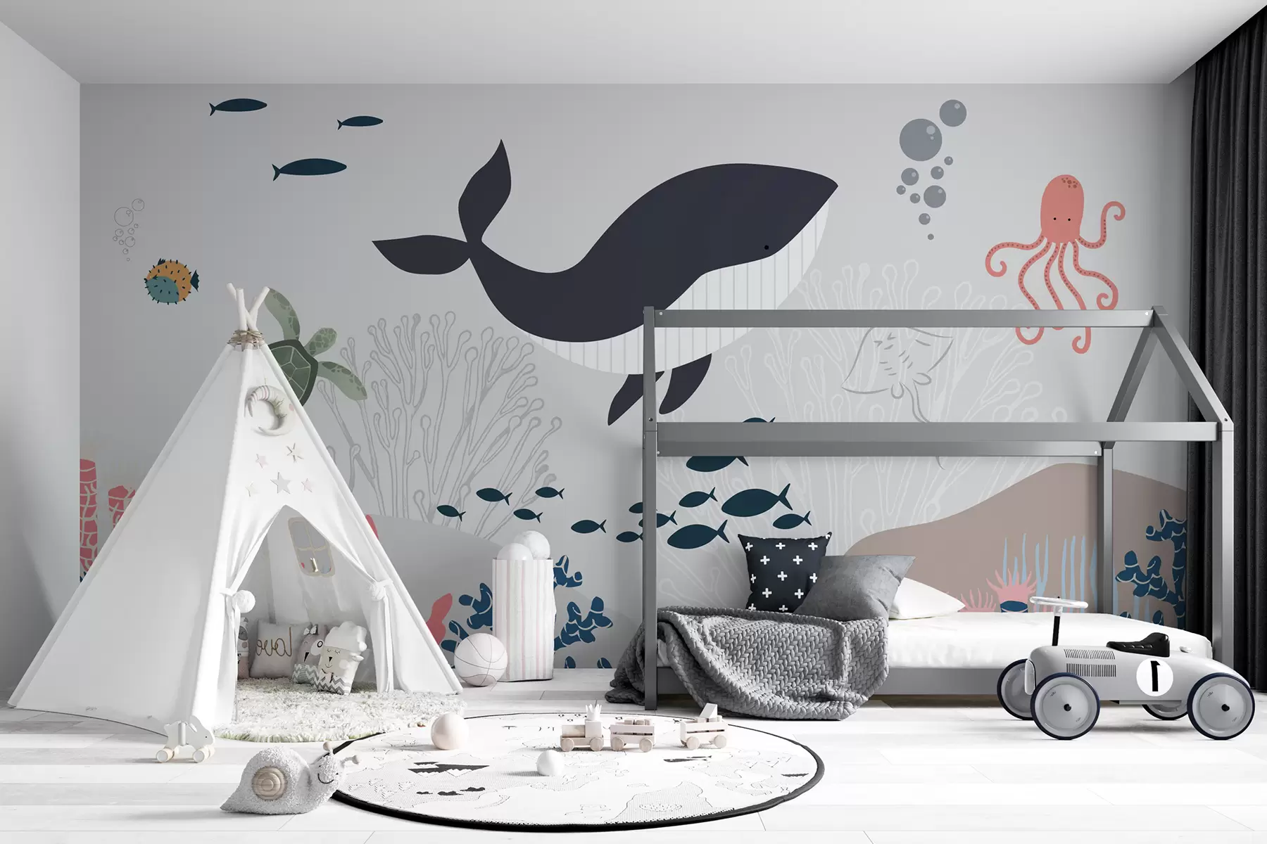 wall murals Кит под водом са подводним слатким ликовима u93829