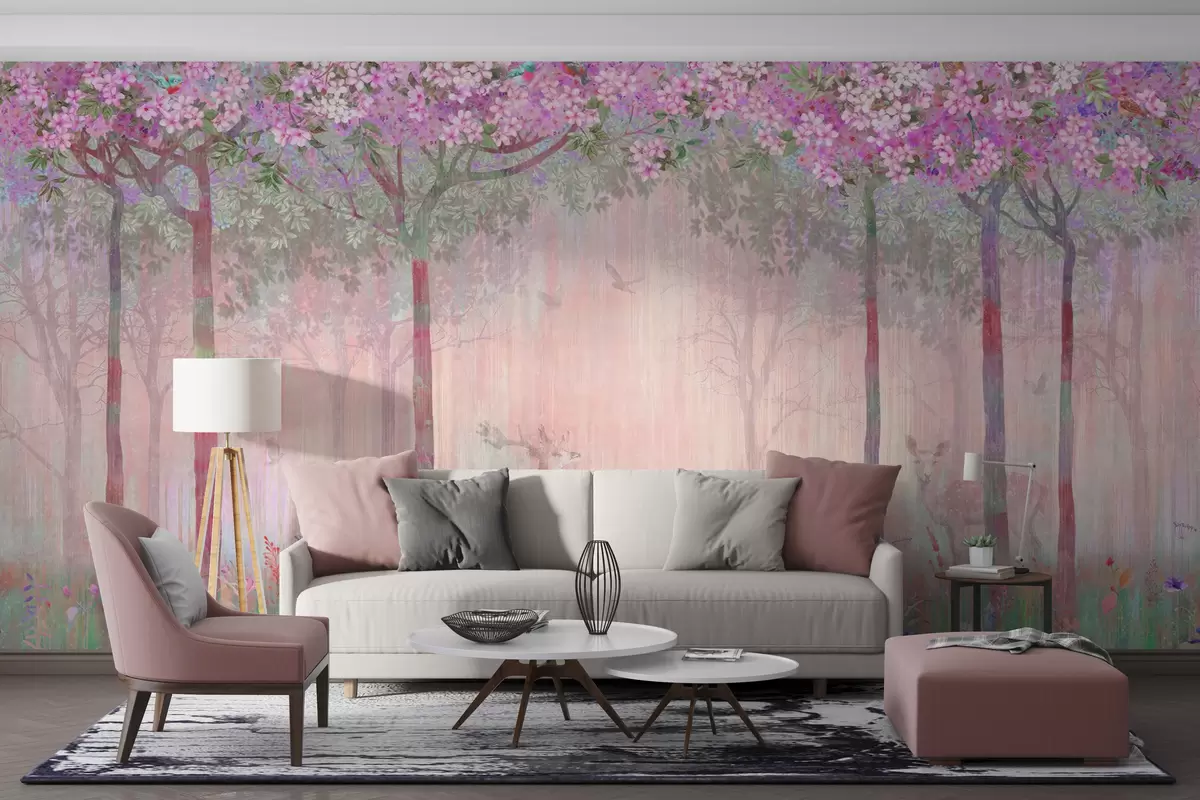 wall murals Цветно дрвеће са дугим стаблима, јелени међу дрвећем u62100v3
