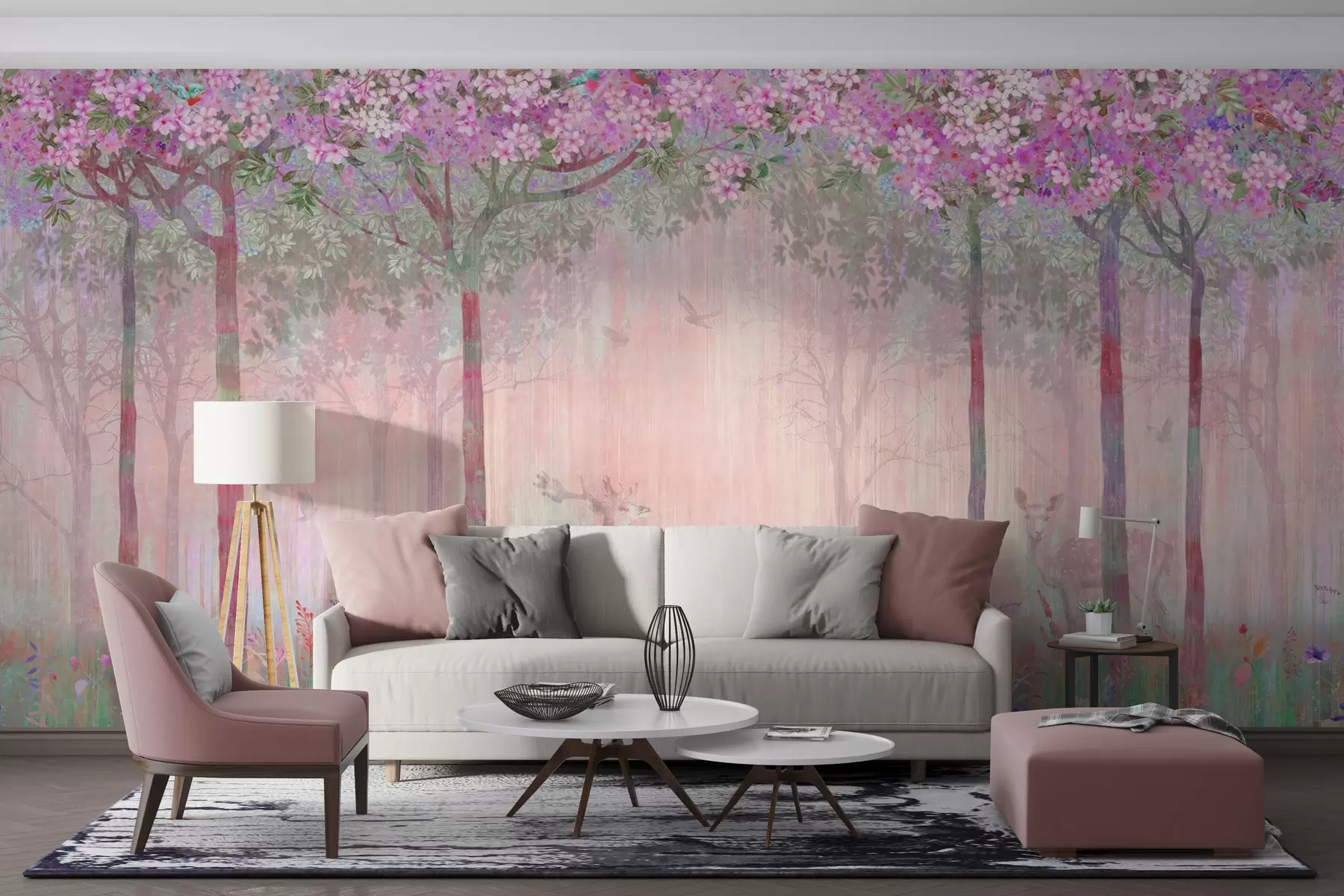 wall murals Цветно дрвеће са дугим стаблима, јелени међу дрвећем u62100v3