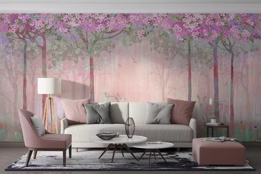 wall murals Цветно дрвеће са дугим стаблима, јелени међу дрвећем u62100v3