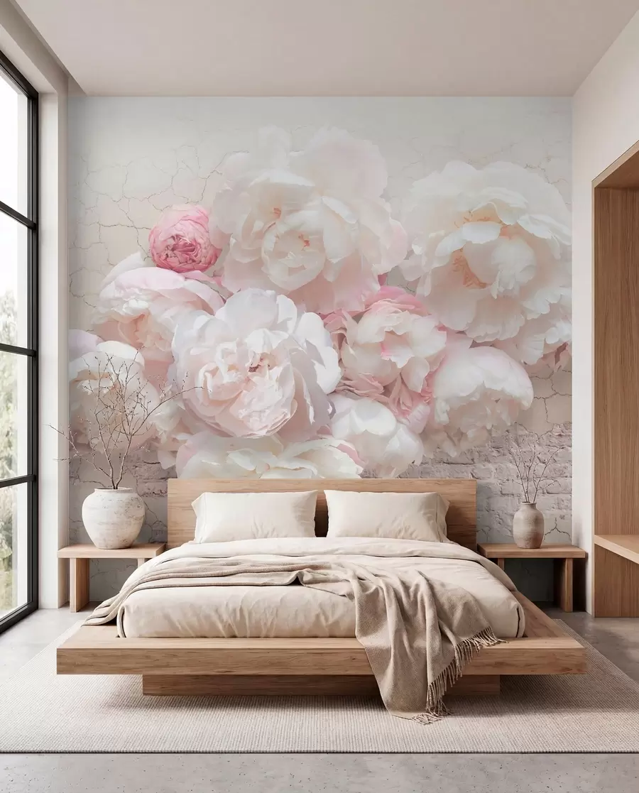 wall murals Бела пеониес на пролађеном зиду u79549