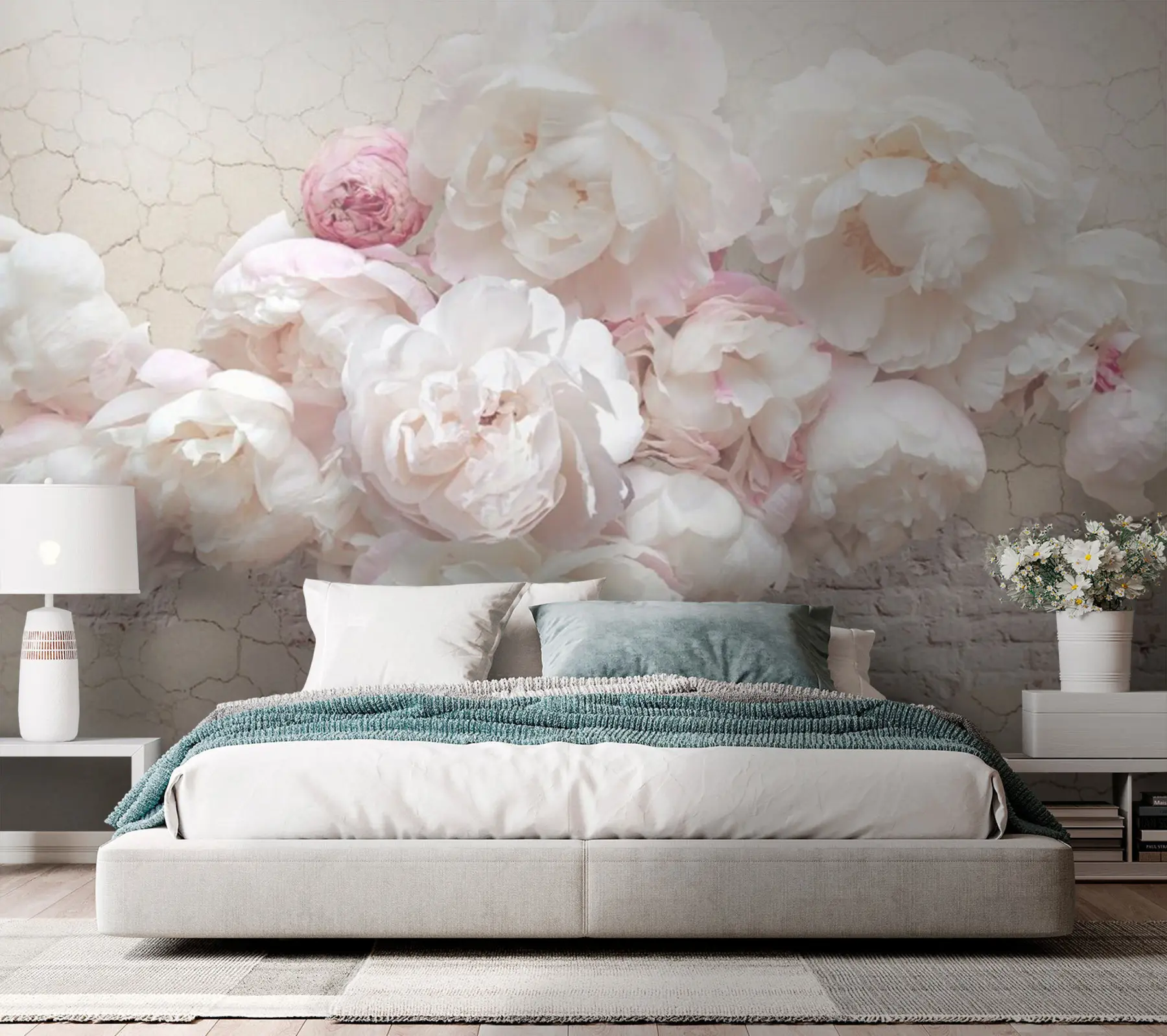 wall murals Бела пеониес на пролађеном зиду u79549
