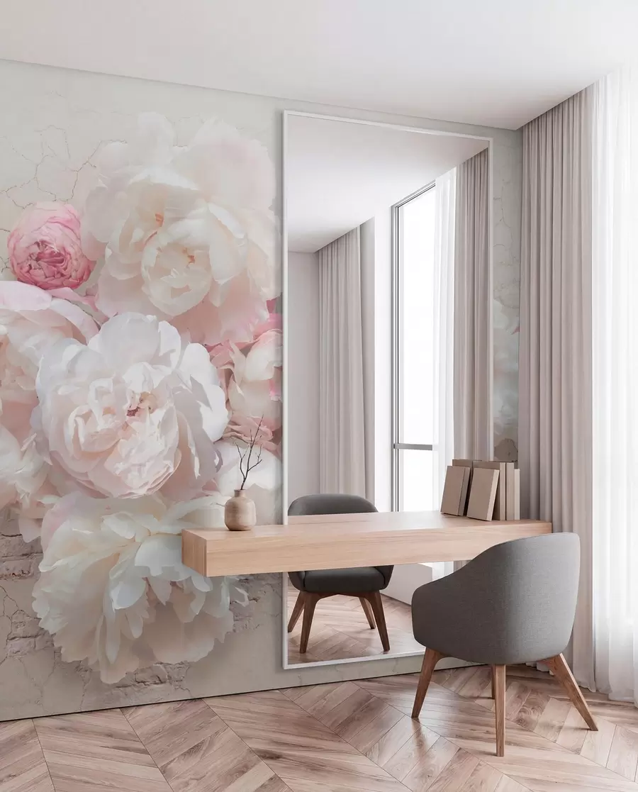 wall murals Бела пеониес на пролађеном зиду u79549