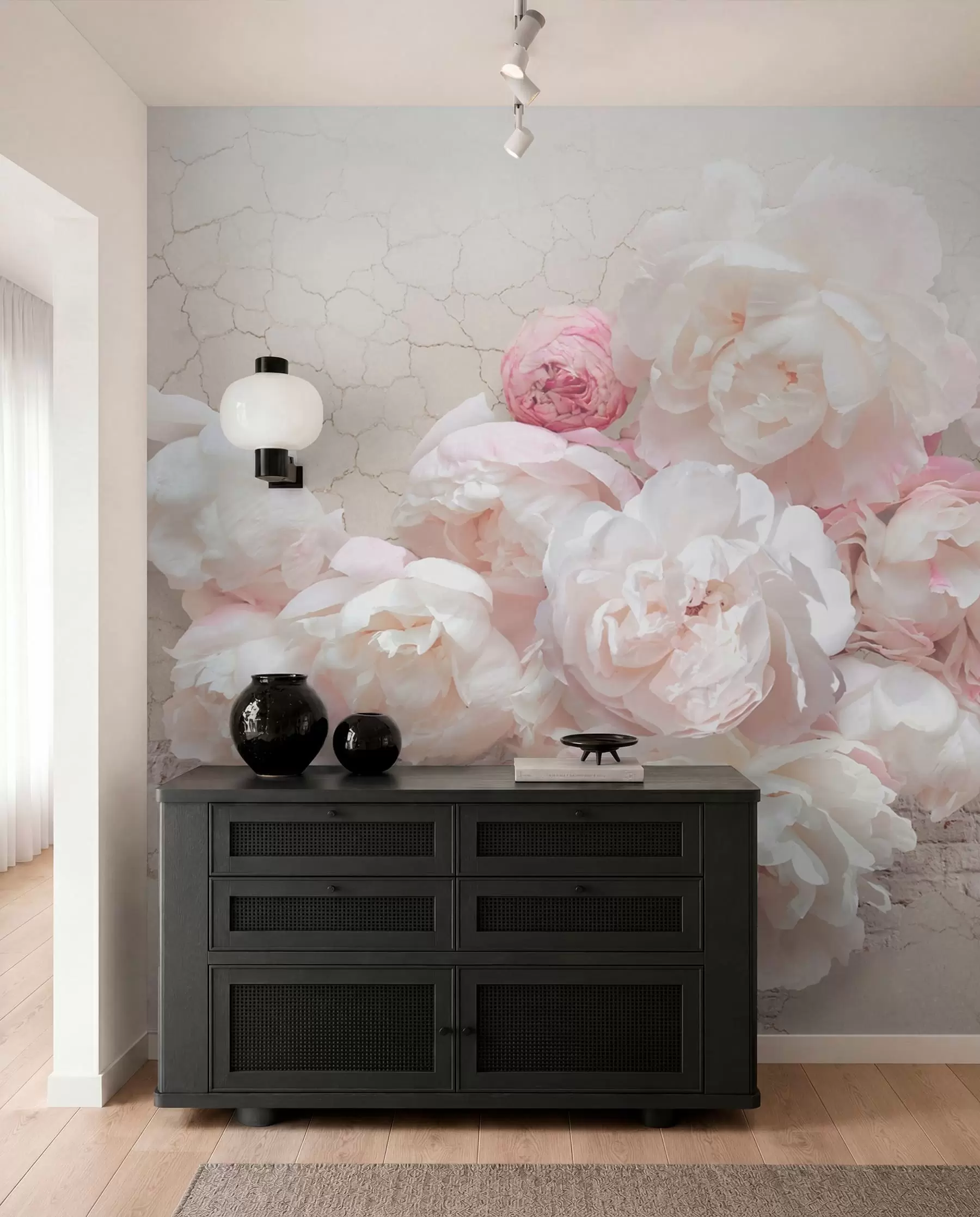 wall murals Бела пеониес на пролађеном зиду u79549