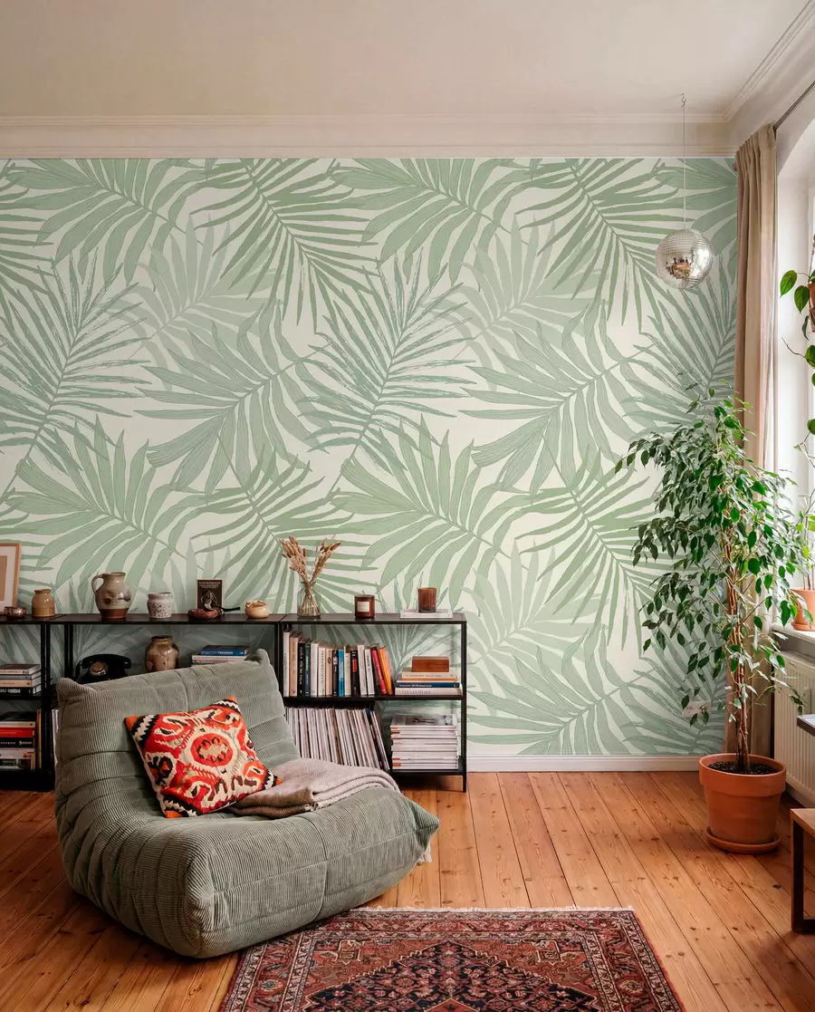 wall murals Тропско лишће у пастелним маслинасто-зеленим тоновима u74826